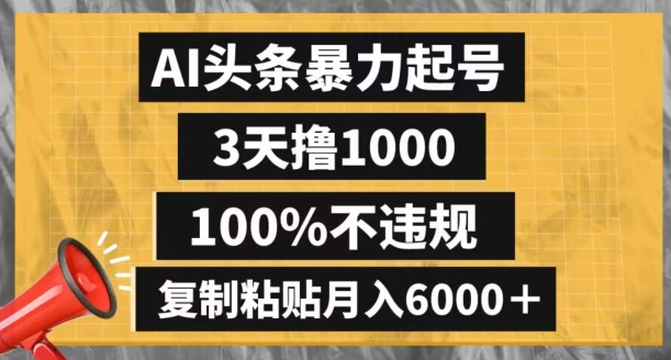 AI头条暴力起号，3天撸1000,100%不违规，复制粘贴月入6000＋【揭秘】-易得个人分享