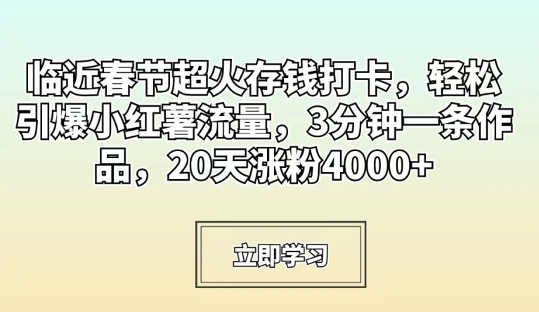临近春节超火存钱打卡，轻松引爆小红薯流量，3分钟一条作品，20天涨粉4000+【揭秘】-易得个人分享