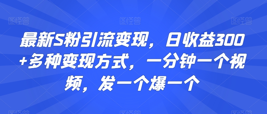 最新S粉引流变现，日收益300+多种变现方式，一分钟一个视频，发一个爆一个【揭秘】-易得个人分享