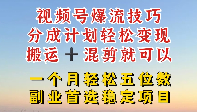 视频号爆流技巧，分成计划轻松变现，搬运 +混剪就可以，一个月轻松五位数稳定项目【揭秘】-易得个人分享
