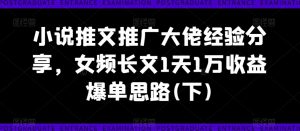 小说推文推广大佬经验分享，女频长文1天1万收益爆单思路(下)-易得个人分享