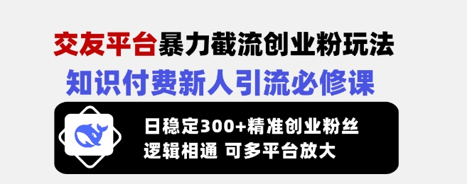 交友平台暴力截流创业粉玩法，知识付费新人引流必修课，日稳定300+精准创业粉丝，逻辑相通可多平台放大-易得个人分享