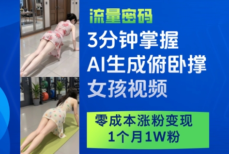 3分钟掌握AI生成俯卧撑女孩视频，零成本涨粉变现，1个月1W粉-易得个人分享