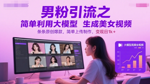 男粉引流之简单利用大模型生成美女视频，条条原创爆款，简单上传制作，变现日1k+-易得个人分享