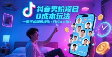 抖音男粉项目0成本玩法，一部手机即可操作，日均4张+，时间自由-易得个人分享