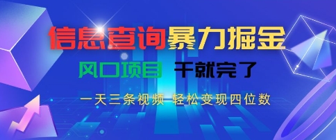 信息查询暴力掘金，一天三条视频，轻松变现四位数，风口项目干就完了【揭秘】-易得个人分享