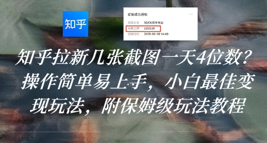 知乎拉新几张截图一天4位数？操作简单易上手，小白最佳变现玩法，附保姆级玩法教程-易得个人分享