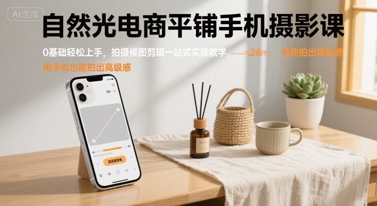 自然光电商平铺手机摄影课，0基础轻松上手，拍摄修图剪辑一站式实操教学，用手机也能拍出高级感-易得个人分享