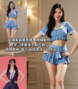 AI海军装美女跳舞视频制作教学，快速涨千粉万粉，视频教程+提示词(绘图词、动作词)-易得个人分享