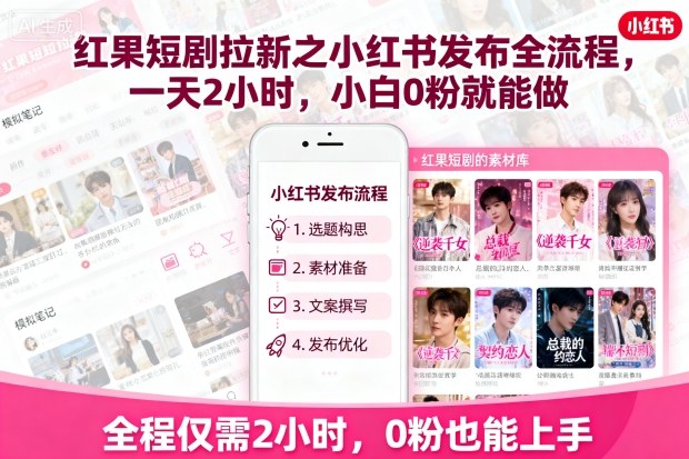 红果短剧拉新之小红书发布全流程，一天2小时，小白0粉就能做-易得个人分享