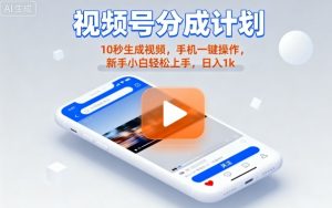 视频号分成计划懒人玩法，10秒生成视频，手机一键操作，新手小白轻松上手，日入1K【揭秘】-易得个人分享