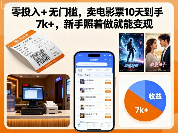 零投入+无门槛，卖电影票10天到手7k+，新手照着做就能变现【揭秘】-易得个人分享