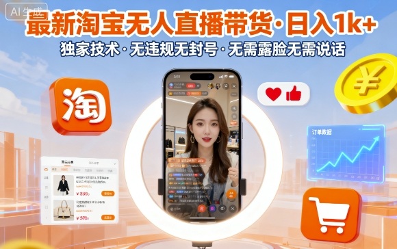 最新淘宝无人直播带货，日入1k+，独家技术，无违规无封号，无需露脸无需说话【揭秘】-易得个人分享