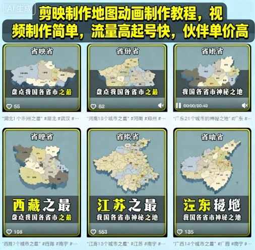 剪映制作地图动画制作教程，视频制作简单，流量高起号快，伙伴单价高-易得个人分享