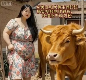 AI美女和大黄牛摔跤搞笑荒诞视频制作教程，快速涨千粉万粉-易得个人分享