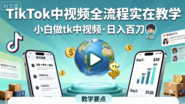 TikTok中视频全流程实操教学，小白做tk中视频，日入百刀-易得个人分享