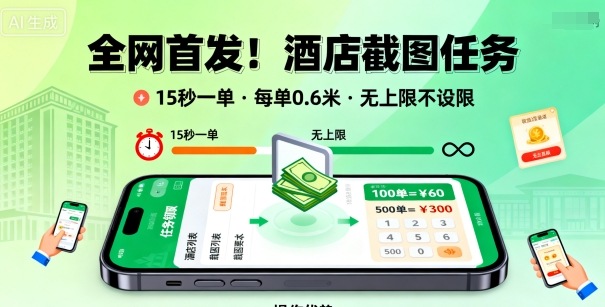 全网首发！酒店截图任务，15秒一单，每单0.6米，任务无上限不设限，矩阵操作单日3张到手【揭秘】-易得个人分享