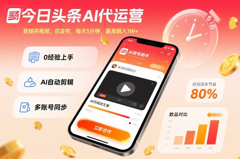 今日头条AI代运营，我提供视频，你发布，每天5分钟，最高躺入1W+【揭秘】-易得个人分享