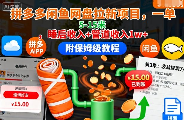 拼多多闲鱼网盘拉新项目，一单5-15米，睡后收入+管道收入1w+（附保姆级教程）-易得个人分享