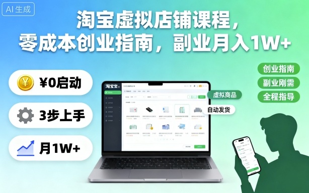 淘宝虚拟店铺课程，零成本创业指南，副业月入1W+-易得个人分享