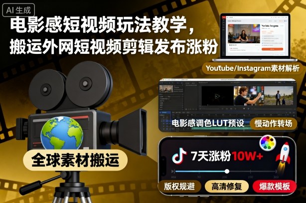 电影感短视频玩法教学，搬运外网短视频剪辑发布涨粉-易得个人分享