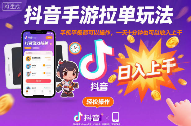 抖音手游拉单玩法，手机平板都可以操作，一天十分钟也可以收入上K【揭秘】-易得个人分享