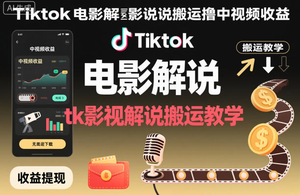 Tiktok电影解说搬运撸中视频收益，tk影视解说搬运教学-易得个人分享