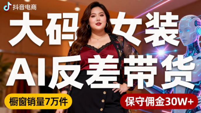抖音小众赛道，大码女装AI反差带货，不用直播，每天6条作品，橱窗卖7万件，保守佣金30W+-易得个人分享