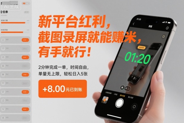 新平台红利，截图录屏就能賺米，有手就行！2分钟完成一单，时间自由，单量无上限，轻松日入5张【揭秘】-易得个人分享