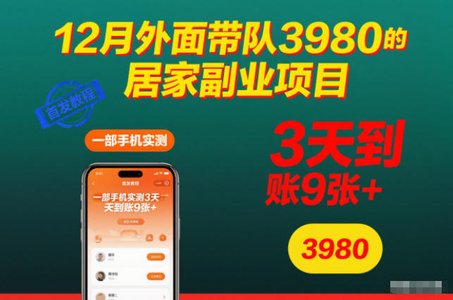 12月外面带队3980的居家副业项目，一部手机实测3天到账9张+，首发教程【揭秘】-易得个人分享