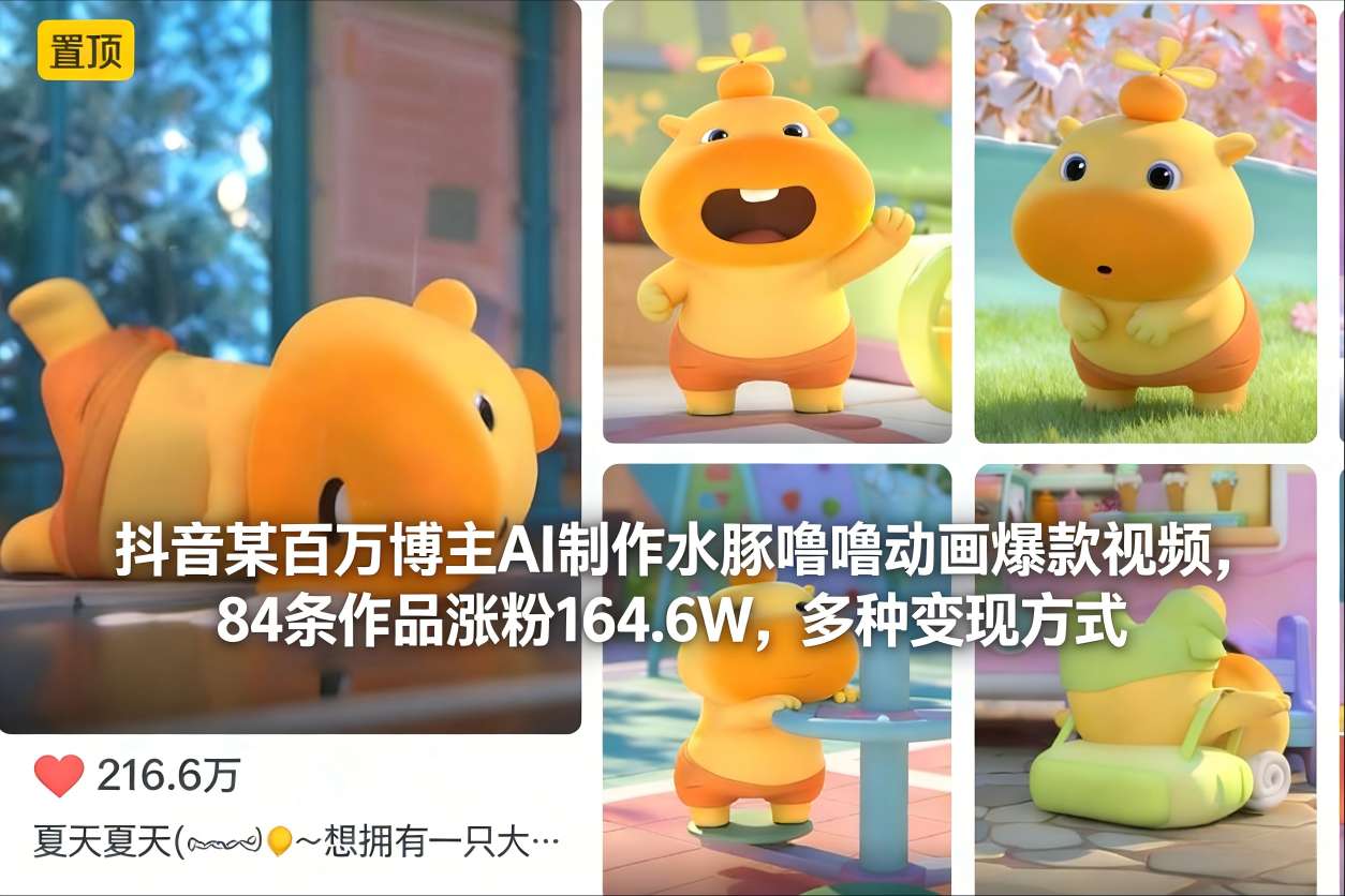 抖音某百万博主AI制作水豚噜噜动画爆款视频，84条作品涨粉164.6W，多种变现方式-易得个人分享