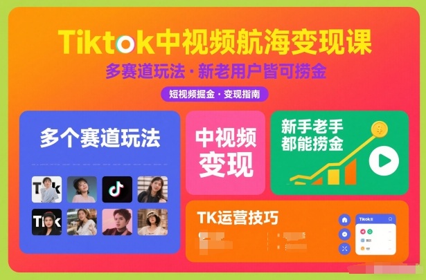 Tiktok中视频航海变现课，多个赛道玩法，新手老手都能在TK中视频捞金-易得个人分享