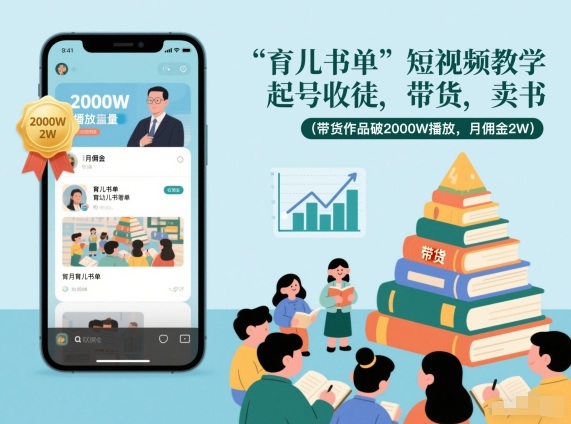 育儿书单短视频教学，起号收徒，带货，卖书（带货作品破2000W播放，月佣金2W）-易得个人分享