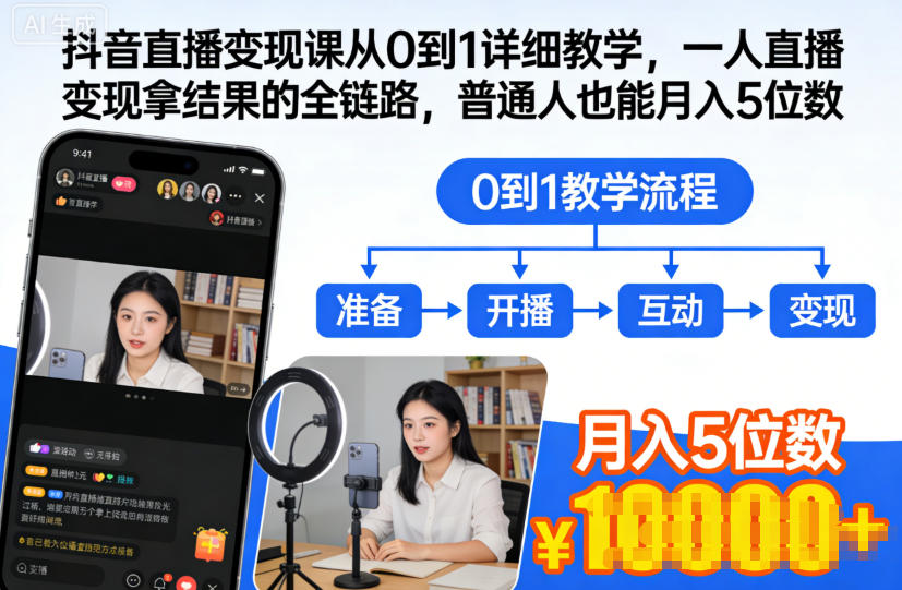 抖音直播变现课从0到1详细教学，一人直播变现拿结果的全链路，普通人也能月入5位数-易得个人分享