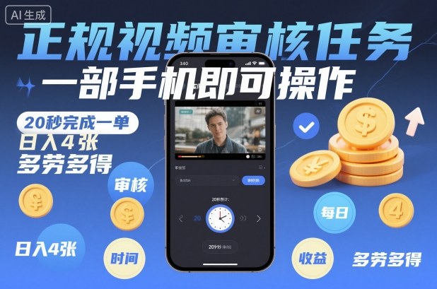 正规视频审核任务，一部手机即可操作，20秒完成一单，日入4张，多劳多得【揭秘】-易得个人分享