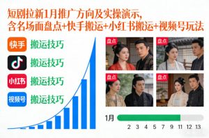 短剧拉新1月推广方向及实操演示，含名场面盘点+快手搬运+小红书搬运+视频号玩法-易得个人分享