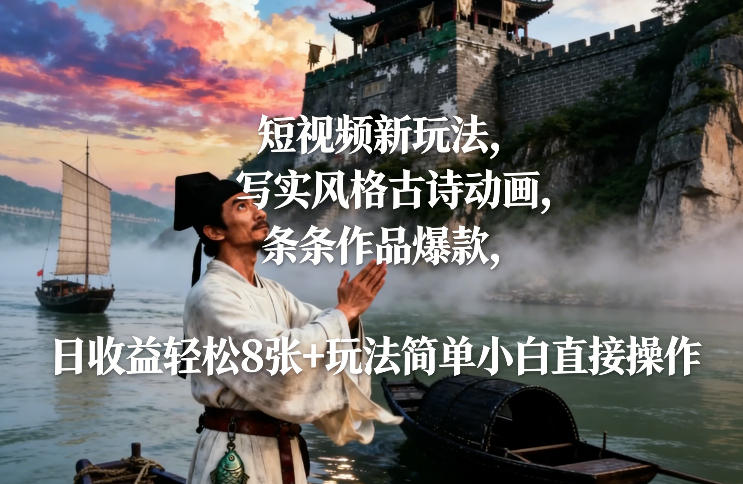 短视频新玩法，写实风格古诗动画，条条作品爆款，日收益轻松8张+玩法简单小白直接操作-易得个人分享