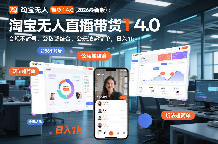 淘宝无人直播带货14.0（2026最新版）：合规不封号，公私域结合，玩法超简单，日入1k+【揭秘】-易得个人分享