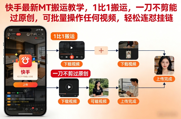 快手最新MT搬运教学，1比1搬运，一刀不剪能过原创，可批量操作任何视频，轻松连怼挂链-易得个人分享